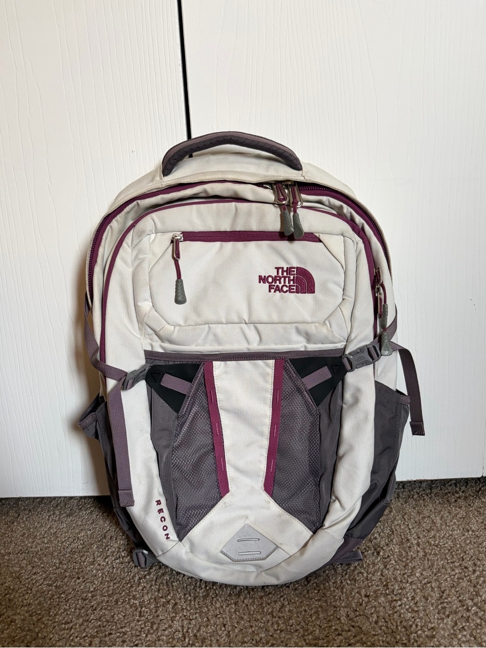 The North Face Women’s Recon Backpack in White with Plum Accents